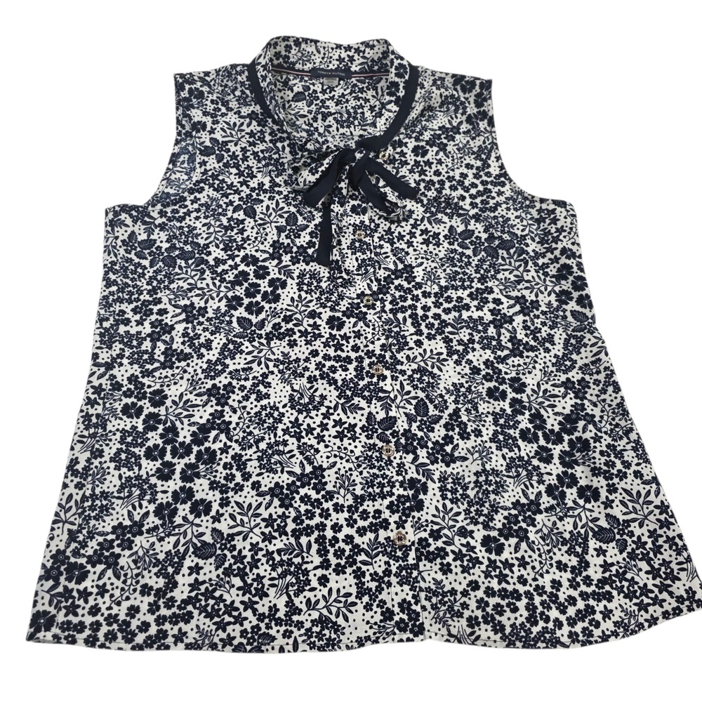 Tommy Hilfiger Tank‎ Blouse Top Womens Black White L Floral Chinese Collar Tie
